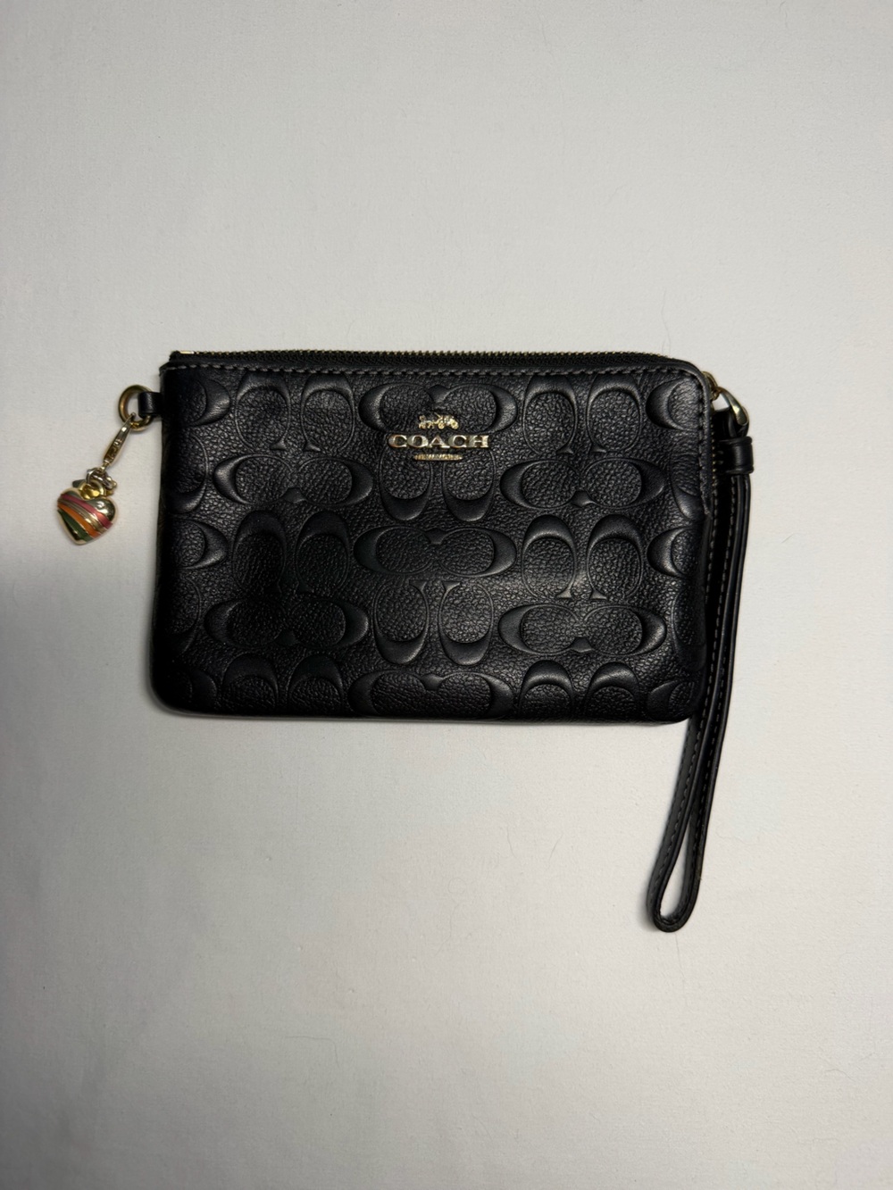 Coach Black Signature Leather Wristlet with Bag Heart Charm